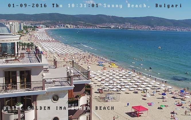 Слънчев бряг времето на живо, уеб камера хотел 'Голдън Ина' - плаж 'Румба Бийч', Черно море, видео наблюдение, live camera sunny beach resort